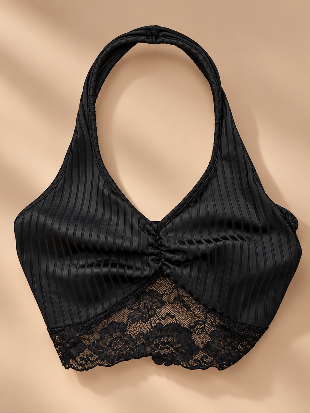 Black Ribbed Halter Lace Bralette Crop Top Small